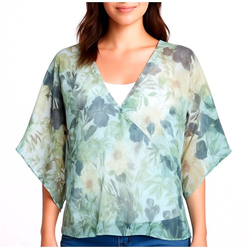 Charter Club Silk Floral Blouse Top V Neck Green Blue Size 14 Womens